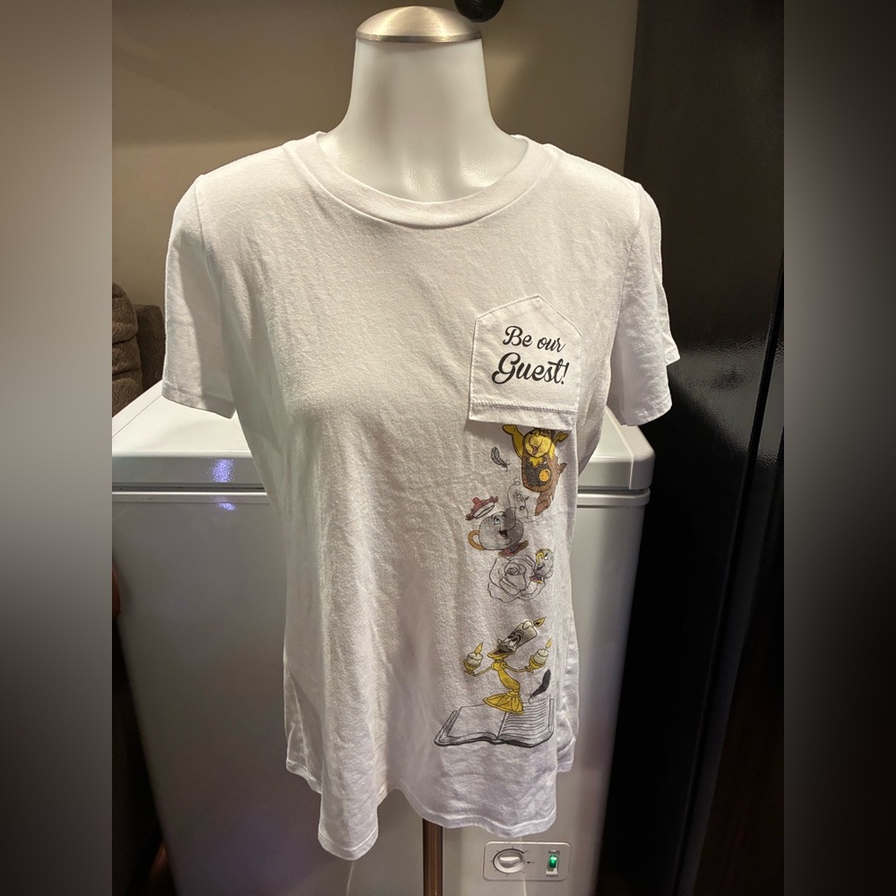 RARE Disney Beauty and the Beast T-Shirt with upside down pocket Lumiere etc